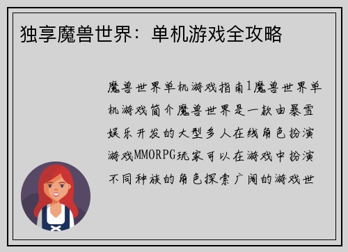 独享魔兽世界：单机游戏全攻略